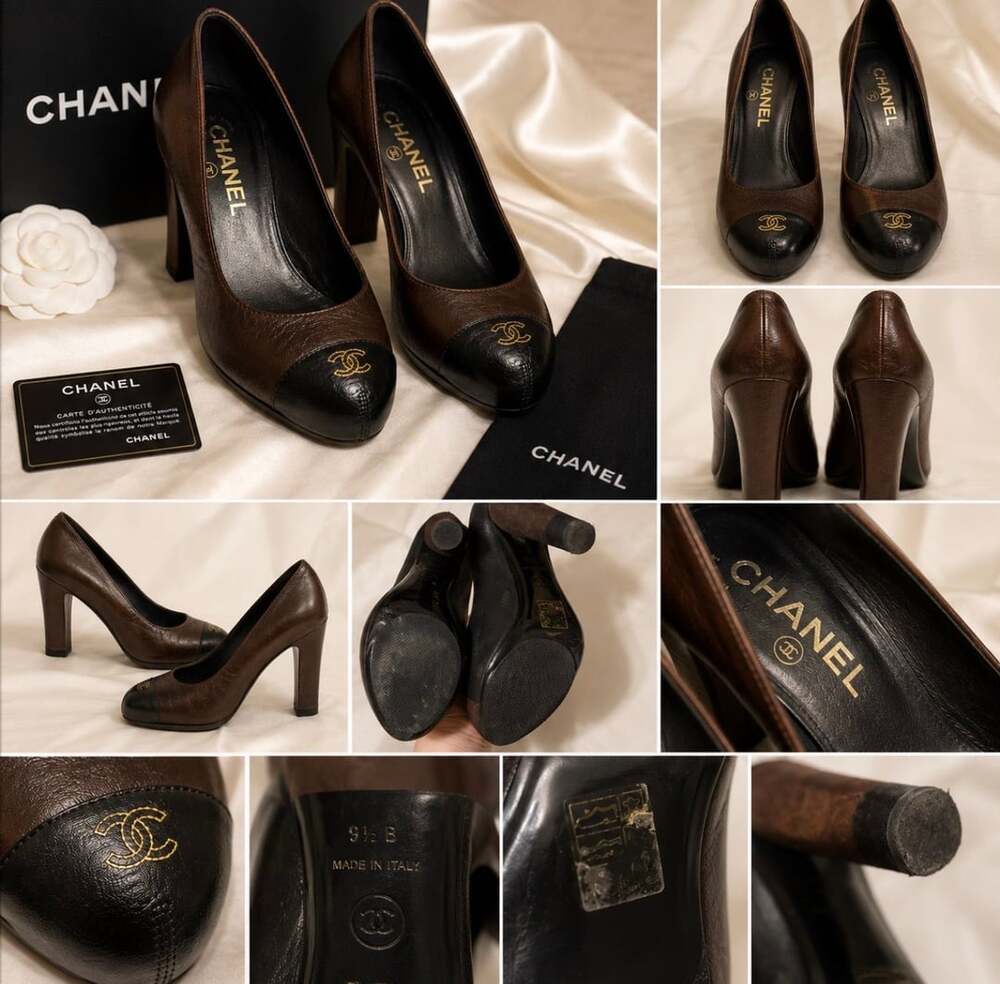 CHANEL BLACK/BROWN LEATHER CC CAP TOE PUMPS